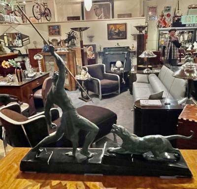 Demetre Haralamb Chiparus Chiparus The Hunter Large Art Deco Sculpture with Panther 1930