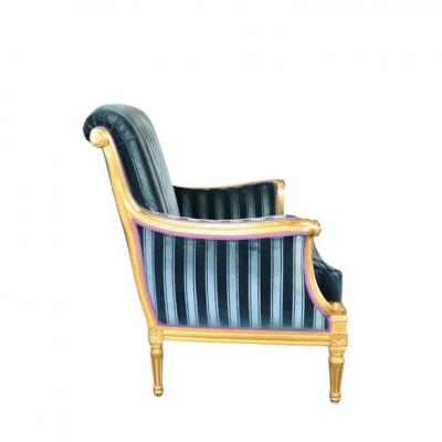 Dennis Leen Dennis Leen Louis XVI Style French Giltwood Blue Velvet Bergere Arm Chair