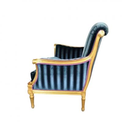 Dennis Leen Dennis Leen Louis XVI Style French Giltwood Blue Velvet Bergere Arm Chair