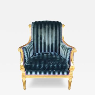 Dennis Leen Dennis Leen Louis XVI Style French Giltwood Blue Velvet Bergere Arm Chair