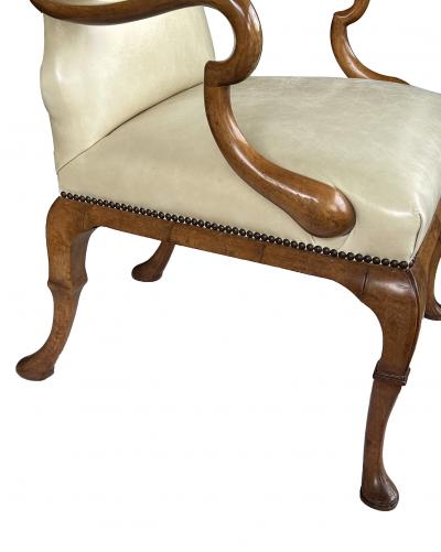 Dennis Leen Pair English Queen Anne Style Carved Walnut Shepherds Crook Armchairs
