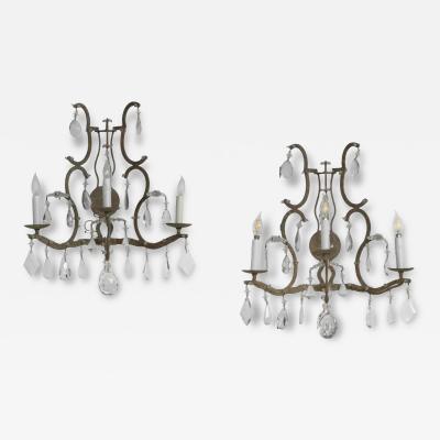 Dennis Leen Pair of Dennis Leen Wrought Iron Crystal Wall Light Sconces