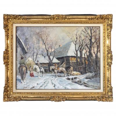 Description Needed Russian Landscape with Figures and Horses