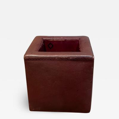 Desk Accessory Vintage Misc Pen Holder Leather Wrapped Open Cube 1970s