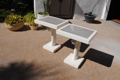 Dickinson style white arabesque side tables