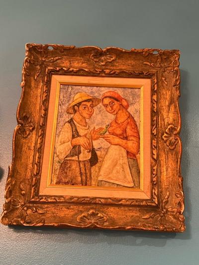 Diego Rivera CHARMING MAN AND WOMAN HOLDING GREEN BIRD PAINTING