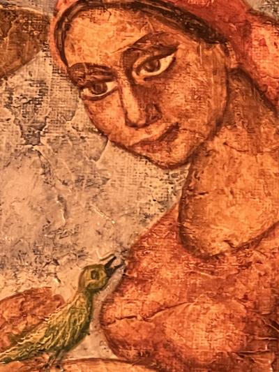 Diego Rivera CHARMING MAN AND WOMAN HOLDING GREEN BIRD PAINTING