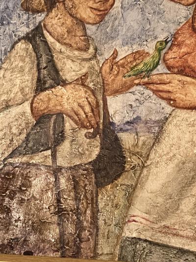 Diego Rivera CHARMING MAN AND WOMAN HOLDING GREEN BIRD PAINTING