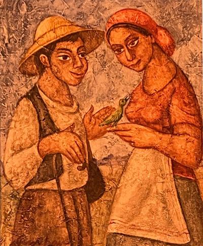 Diego Rivera CHARMING MAN AND WOMAN HOLDING GREEN BIRD PAINTING