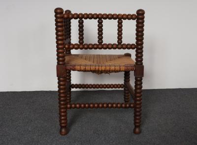 Diminutive Antique French 19th Century Bobbin Corner Chair with Rush Seat