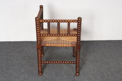 Diminutive Antique French 19th Century Bobbin Corner Chair with Rush Seat