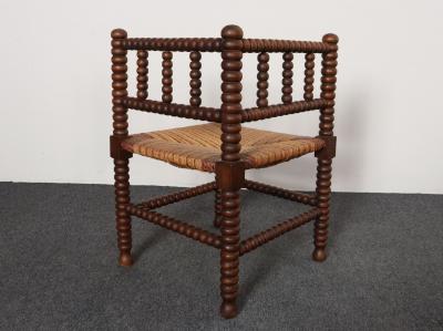 Diminutive Antique French 19th Century Bobbin Corner Chair with Rush Seat