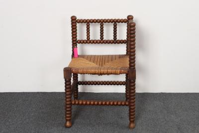 Diminutive Antique French 19th Century Bobbin Corner Chair with Rush Seat