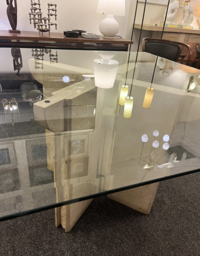 Dining Room Table in Travertine with Glass Top Italy 1970s