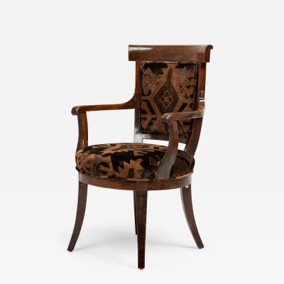 Directoire Walnut and Brown and Black Geometric Upholstered Sabre Leg Armchair