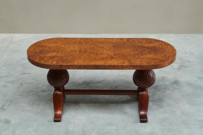 Distinct French Art Deco Burlwood Coffee Table with Carved Torsade Legs 1930s