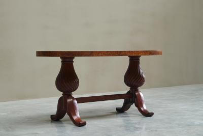 Distinct French Art Deco Burlwood Coffee Table with Carved Torsade Legs 1930s
