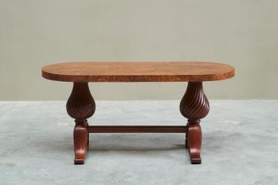 Distinct French Art Deco Burlwood Coffee Table with Carved Torsade Legs 1930s