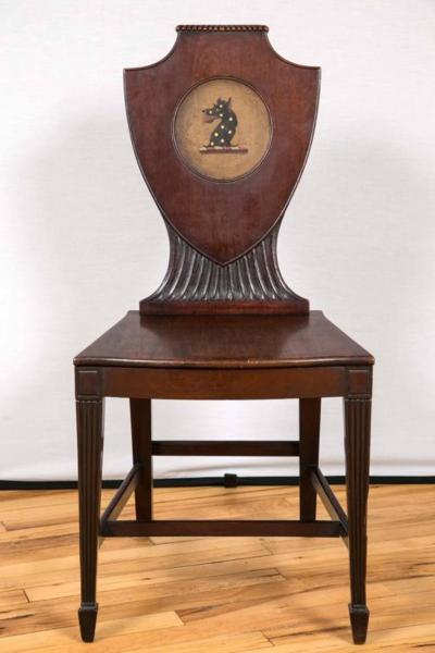 Distinctive Pair of English Regency Era Painted Mahogany Hall Chairs