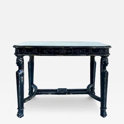Distressed Painted Egyptian Revival Style Console Table with Inset Glass
