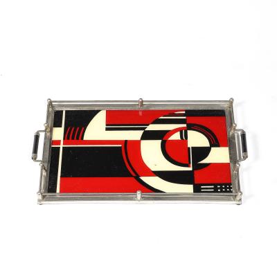 Documented Art Deco Spiral Cubist Eglomise White Cream Black Detailed Tray