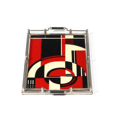 Documented Art Deco Spiral Cubist Eglomise White Cream Black Detailed Tray