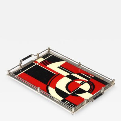 Documented Art Deco Spiral Cubist Eglomise White Cream Black Detailed Tray