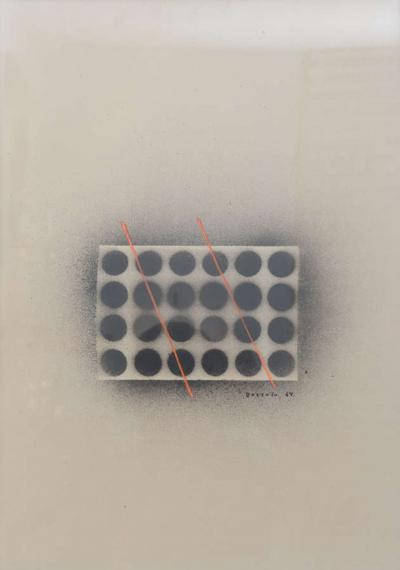 Domoto Hisao Japanese Works on Paper of Two Thin Orange Lines Through Circles
