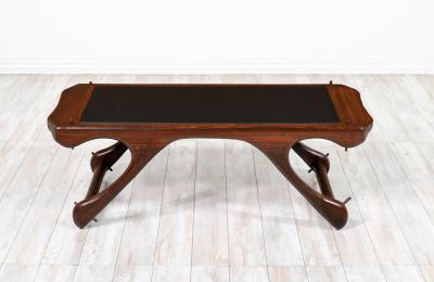 Don Shoemaker Sculpted Rosewood Leather Coffee Table for Se al Furniture