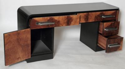 Donald Deskey ART DECO MODERNIST EXOTIC BURL WOOD VANITY AND MIRROR BY DONALD DESKEY