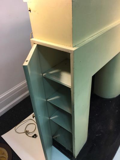 Donald Deskey ART DECO MODERNIST WOOD AND GLASS SPEED FINS ILLUMINATED FAUX FIREPLACE MANTLE