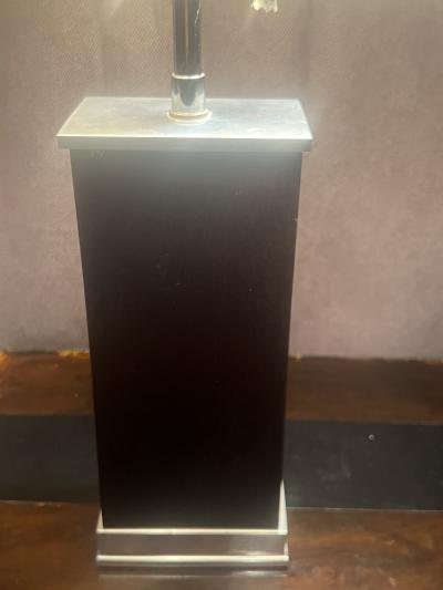 Donald Deskey ART DECO MODERNIST WOOD STREAMLINED NICKELED BRONZE LAMP WITH ORIGINAL SHADE