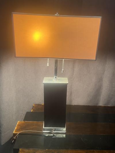 Donald Deskey ART DECO MODERNIST WOOD STREAMLINED NICKELED BRONZE LAMP WITH ORIGINAL SHADE