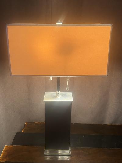 Donald Deskey ART DECO MODERNIST WOOD STREAMLINED NICKELED BRONZE LAMP WITH ORIGINAL SHADE