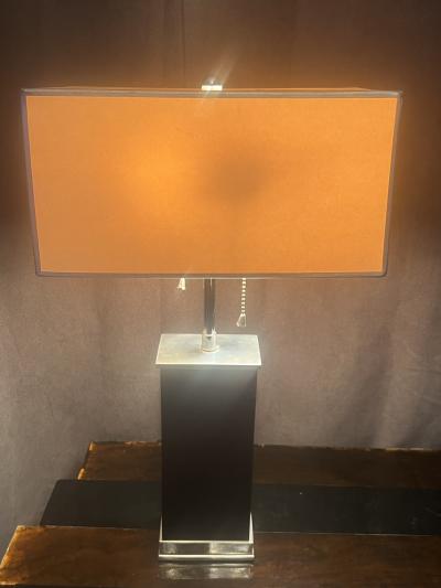 Donald Deskey ART DECO MODERNIST WOOD STREAMLINED NICKELED BRONZE LAMP WITH ORIGINAL SHADE