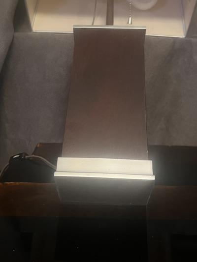 Donald Deskey ART DECO MODERNIST WOOD STREAMLINED NICKELED BRONZE LAMP WITH ORIGINAL SHADE