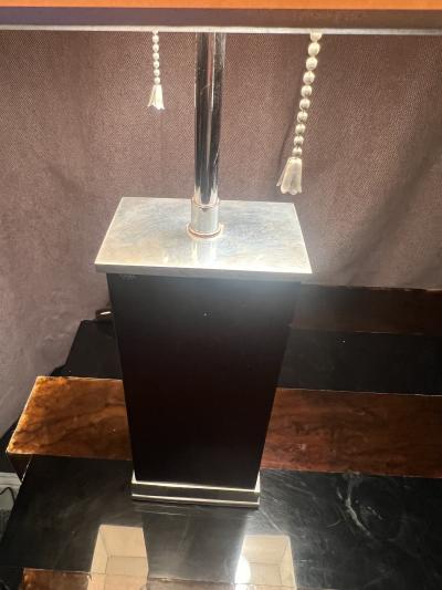 Donald Deskey ART DECO MODERNIST WOOD STREAMLINED NICKELED BRONZE LAMP WITH ORIGINAL SHADE