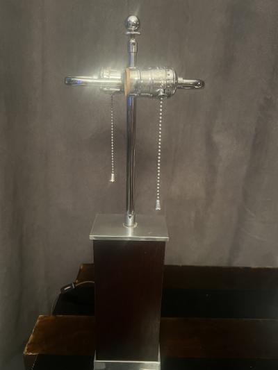 Donald Deskey ART DECO MODERNIST WOOD STREAMLINED NICKELED BRONZE LAMP WITH ORIGINAL SHADE