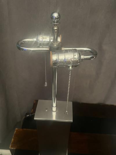 Donald Deskey ART DECO MODERNIST WOOD STREAMLINED NICKELED BRONZE LAMP WITH ORIGINAL SHADE