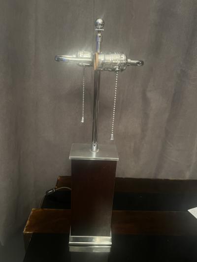 Donald Deskey ART DECO MODERNIST WOOD STREAMLINED NICKELED BRONZE LAMP WITH ORIGINAL SHADE
