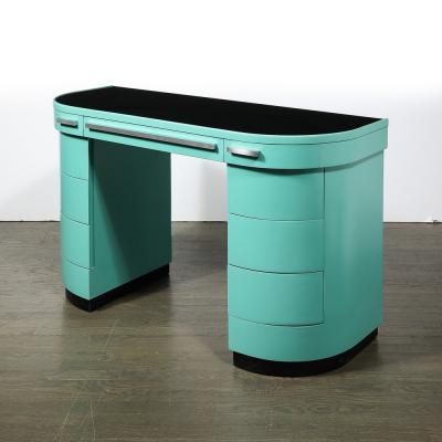Donald Deskey Art Deco Robins Egg Blue Lacquer Brushed Aluminum Desk by Donald Deskey