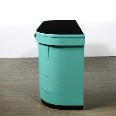 Donald Deskey Art Deco Robins Egg Blue Lacquer Brushed Aluminum Desk by Donald Deskey