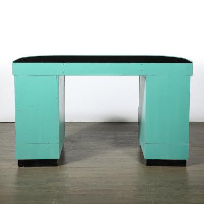 Donald Deskey Art Deco Robins Egg Blue Lacquer Brushed Aluminum Desk by Donald Deskey