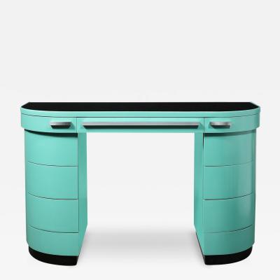 Donald Deskey Art Deco Robins Egg Blue Lacquer Brushed Aluminum Desk by Donald Deskey