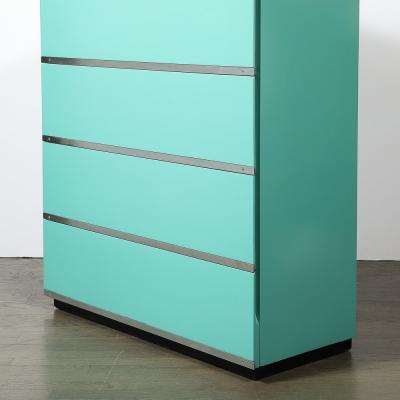 Donald Deskey Art Deco Robins Egg Blue Lacquer Brushed Aluminum High Chest by Donald Deskey