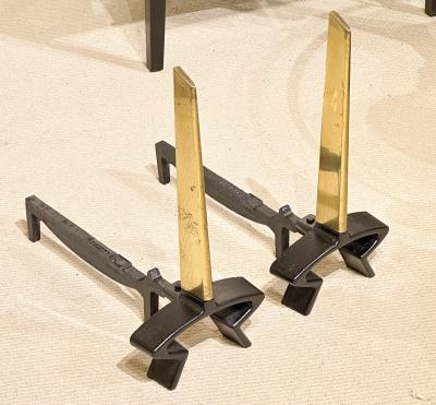 Donald Deskey Brass and Iron Geometric Andirons