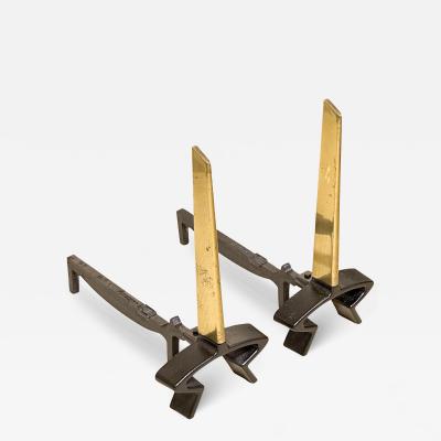 Donald Deskey Brass and Iron Geometric Andirons