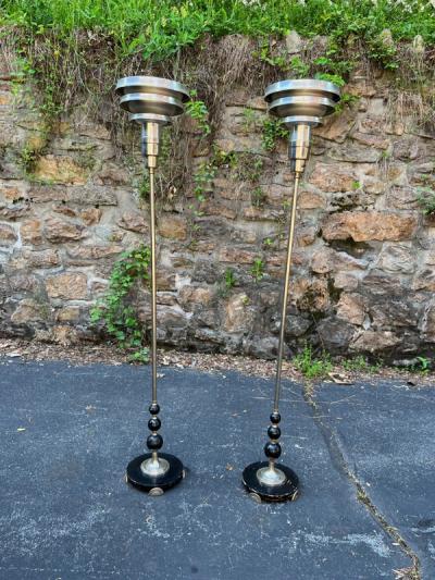 Donald Deskey DRAMATIC ART DECO PAIR OF TRIPLE TIER TORCHIERES