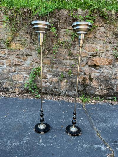 Donald Deskey DRAMATIC ART DECO PAIR OF TRIPLE TIER TORCHIERES