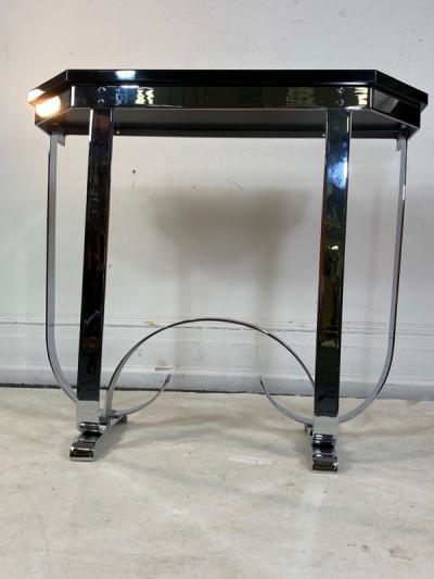 Donald Deskey MODERNIST ART DECO CURLICUE CHROME AND BLACK LACQUER CONSOLE